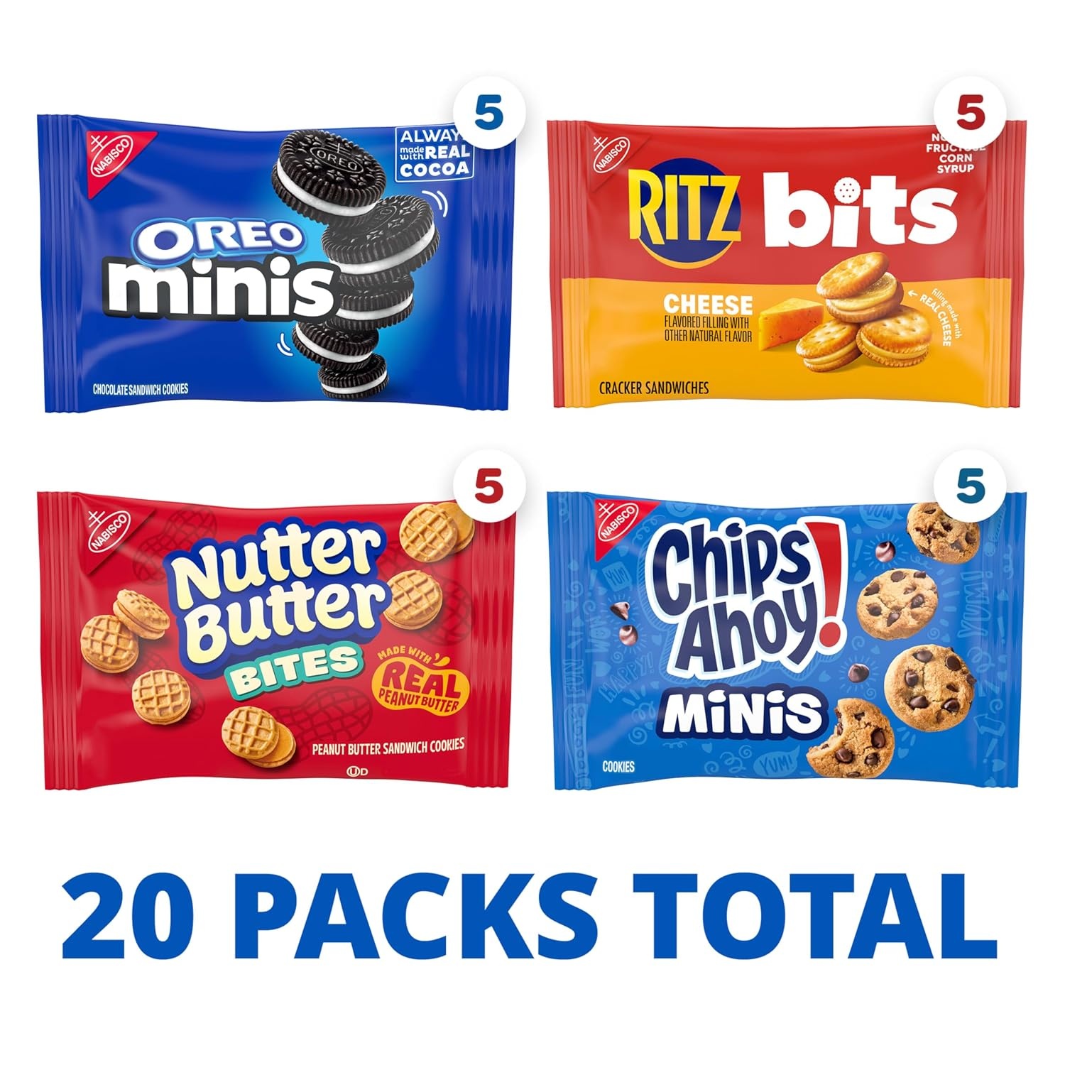 image:imageNabisco Snacks Variety Pack OREO Minis Nutter Butter Bites CHIPS AHOY Minis Cookies and RITZ Bits Cheese Sandwich Crackers 20 Snack Packs1 Ounce Pack of 20