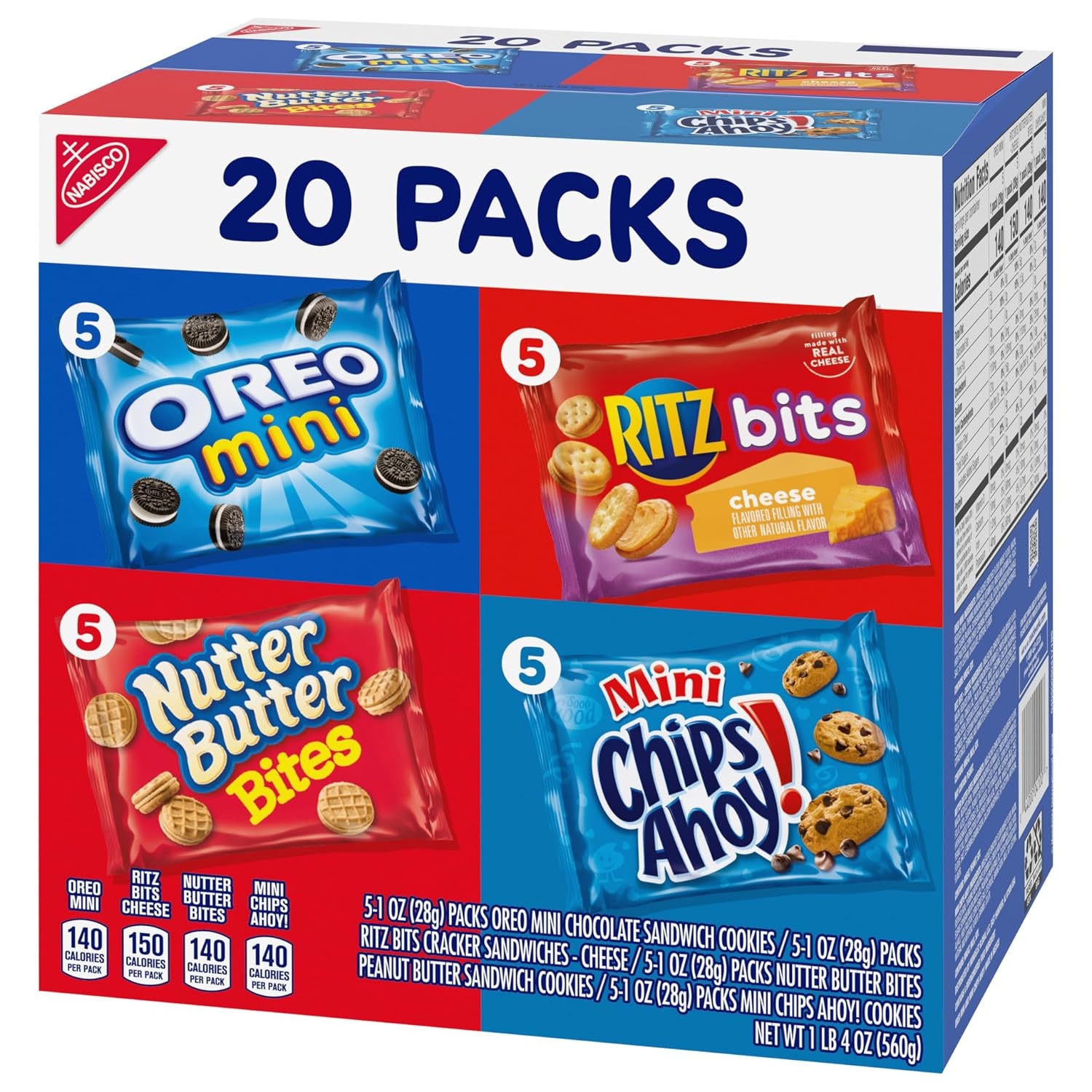 image:imageNabisco Snacks Variety Pack OREO Minis Nutter Butter Bites CHIPS AHOY Minis Cookies and RITZ Bits Cheese Sandwich Crackers 20 Snack Packs1 Ounce Pack of 80