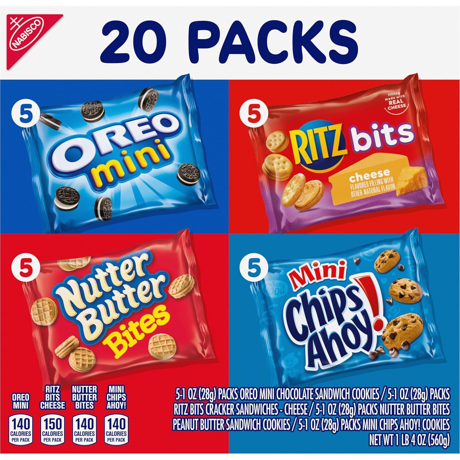 image:imageNabisco Snacks Variety Pack OREO Minis Nutter Butter Bites CHIPS AHOY Minis Cookies and RITZ Bits Cheese Sandwich Crackers 20 Snack Packs1 Ounce Pack of 80