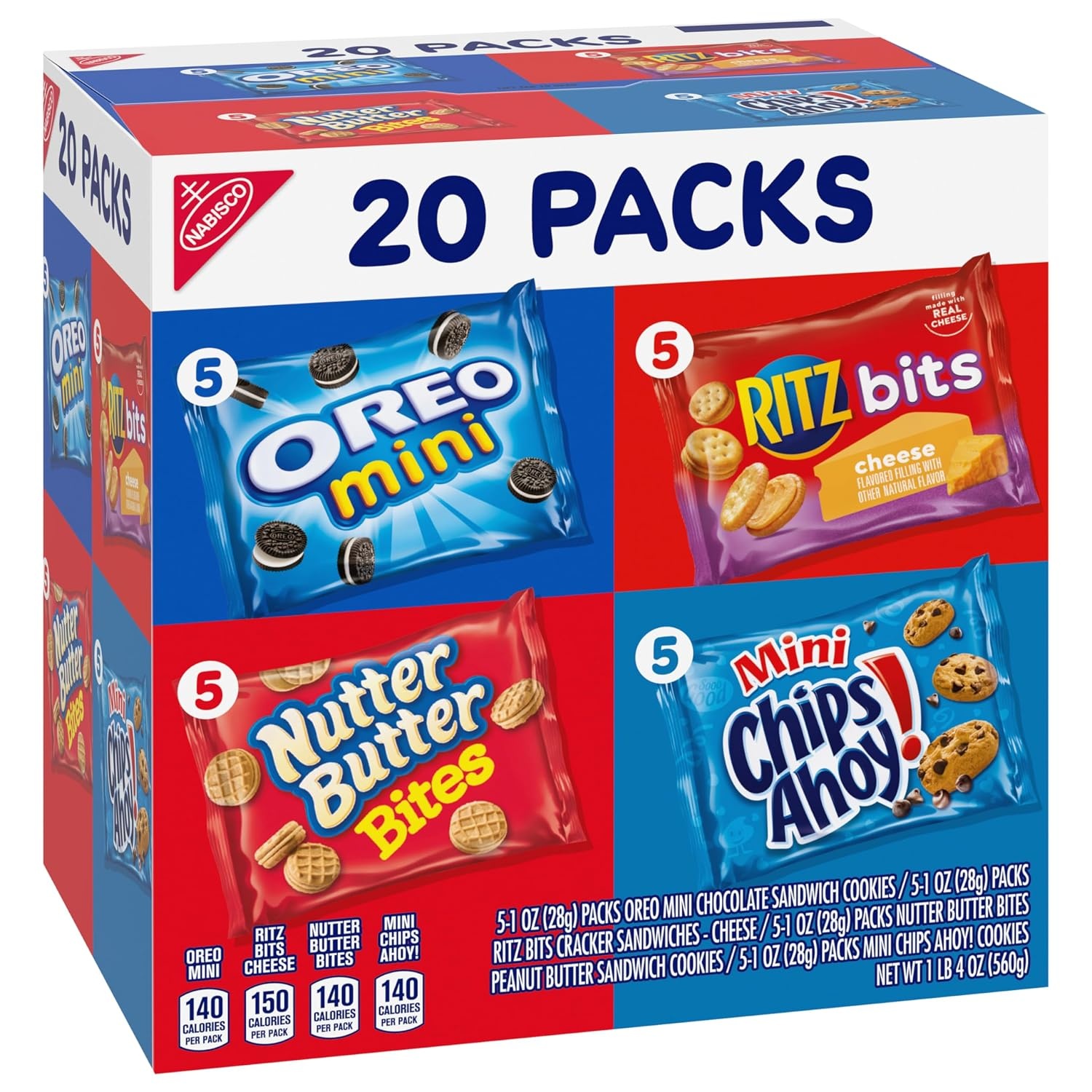 image:imageNabisco Snacks Variety Pack OREO Minis Nutter Butter Bites CHIPS AHOY Minis Cookies and RITZ Bits Cheese Sandwich Crackers 20 Snack Packs1 Ounce Pack of 80