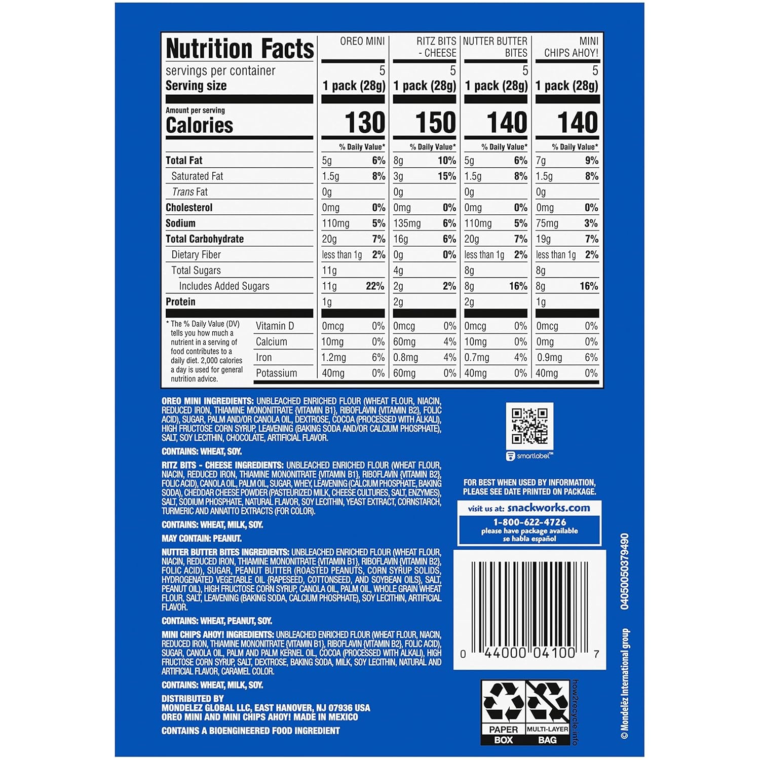 image:imageNabisco Snacks Variety Pack OREO Minis Nutter Butter Bites CHIPS AHOY Minis Cookies and RITZ Bits Cheese Sandwich Crackers 20 Snack Packs1 Ounce Pack of 80