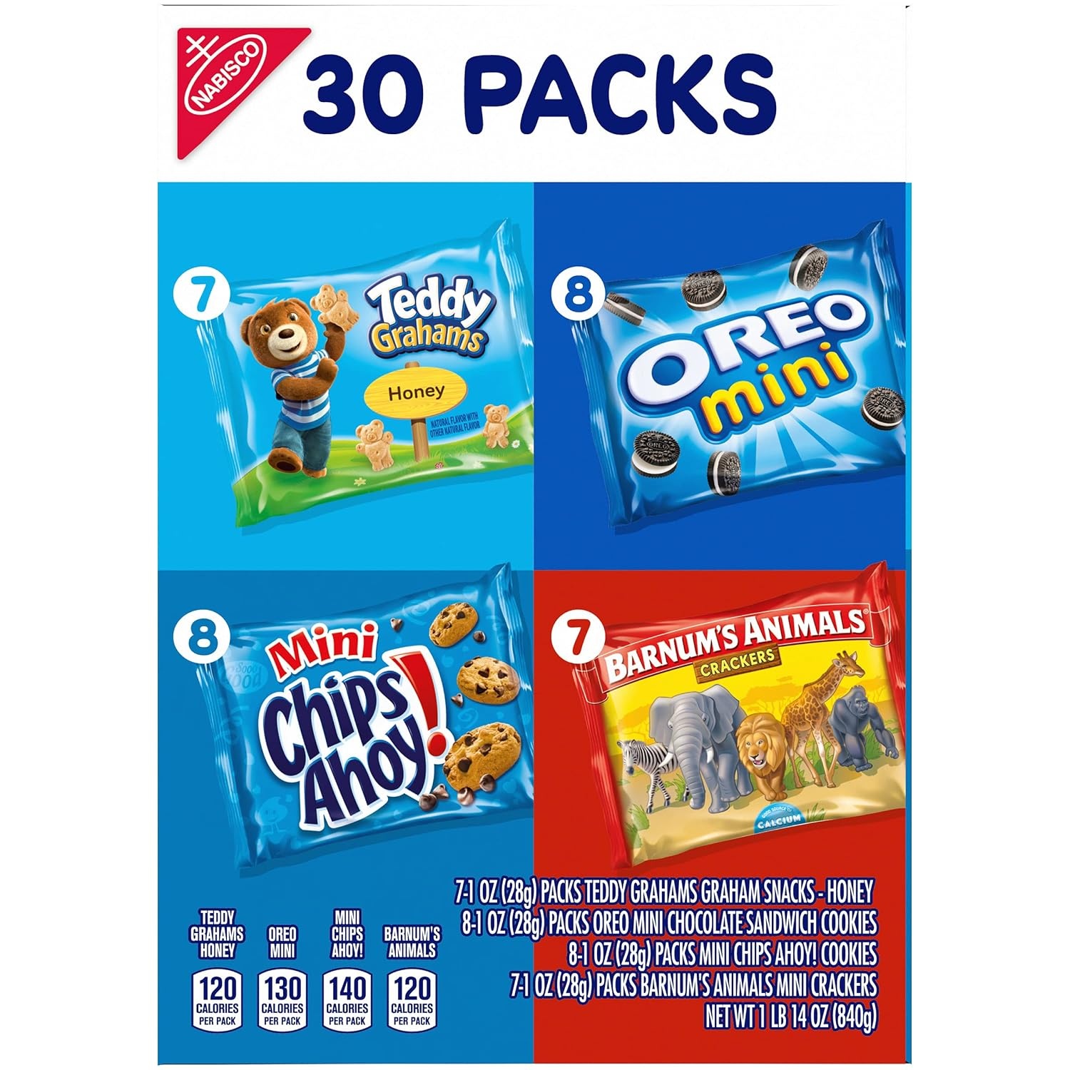 image:imageNabisco Team Favorites Variety Pack Oreo Mini Chips Ahoy Mini Teddy Grahams Honey and Barnums Animal Crackers 30 Snack Packs1 Ounce Pack of 120