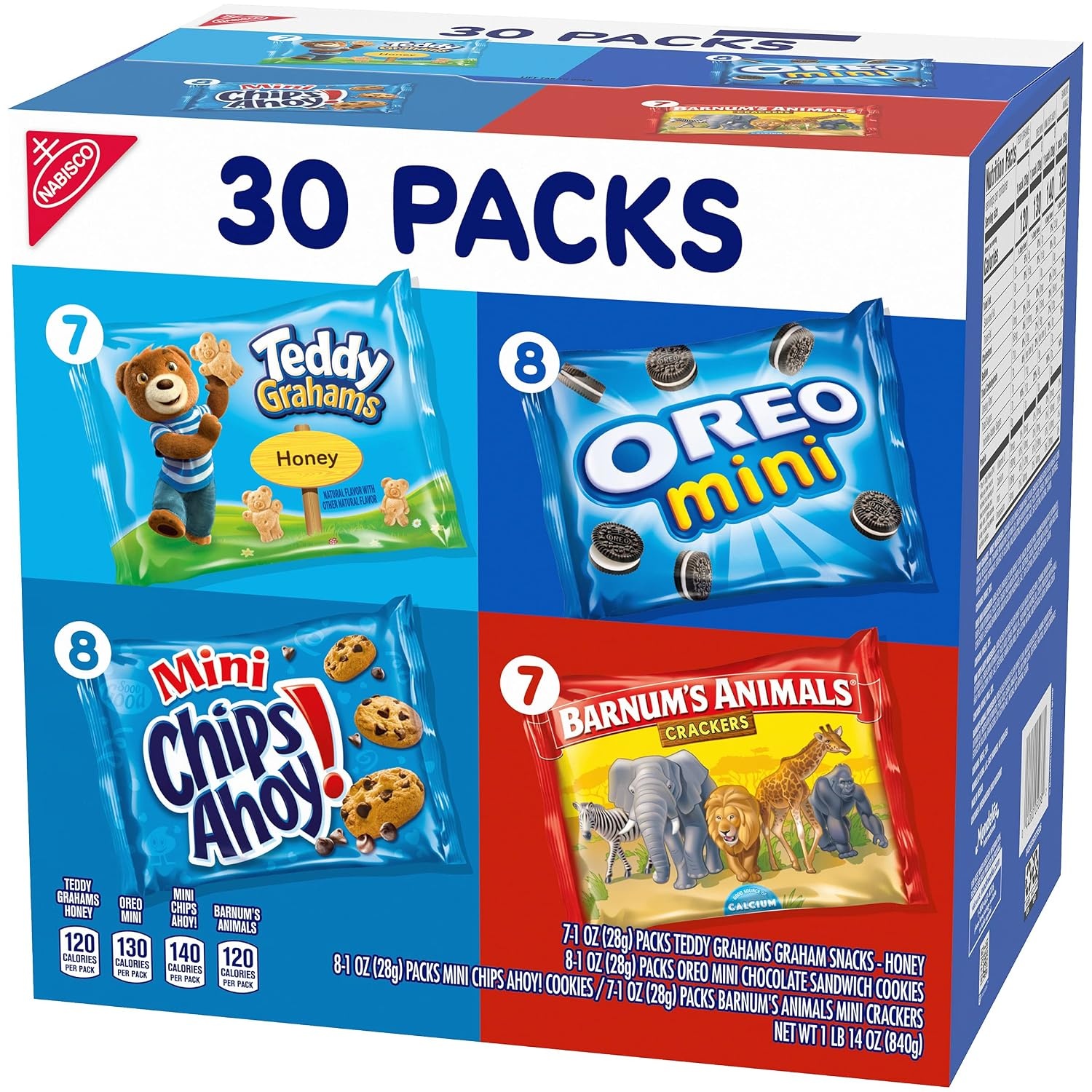 image:imageNabisco Team Favorites Variety Pack Oreo Mini Chips Ahoy Mini Teddy Grahams Honey and Barnums Animal Crackers 30 Snack Packs1 Ounce Pack of 120
