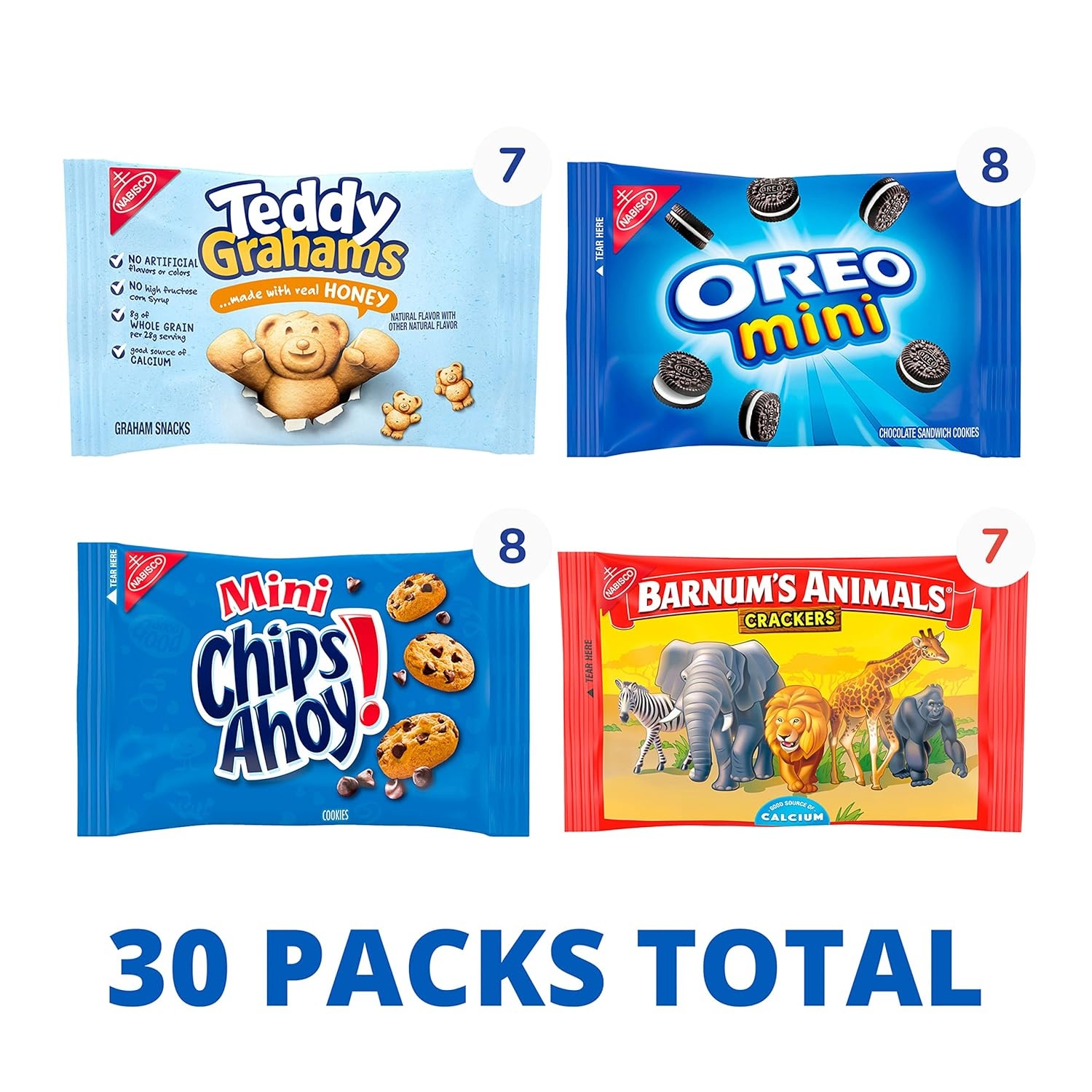 image:imageNabisco Team Favorites Variety Pack Oreo Mini Chips Ahoy Mini Teddy Grahams Honey and Barnums Animal Crackers 30 Snack Packs1 Ounce Pack of 120