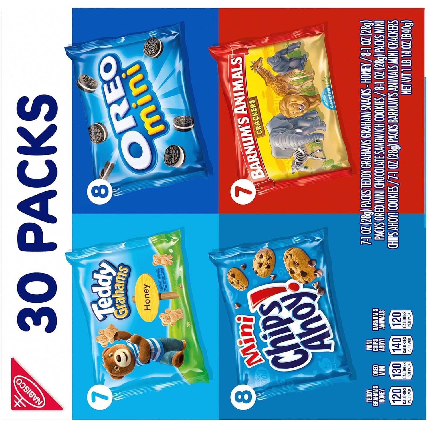 image:imageNabisco Team Favorites Variety Pack Oreo Mini Chips Ahoy Mini Teddy Grahams Honey and Barnums Animal Crackers 30 Snack Packs1 Ounce Pack of 120