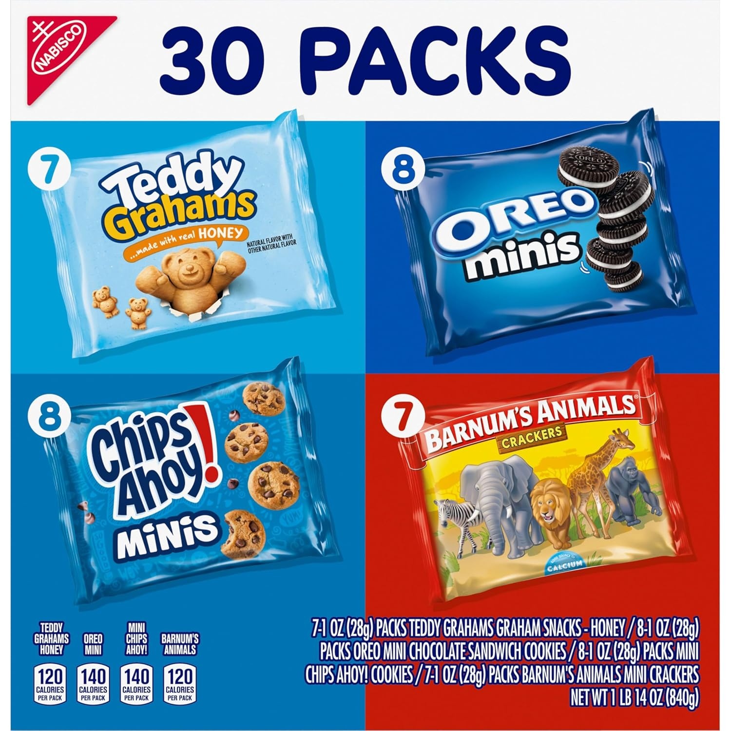 image:imageNabisco Team Favorites Variety Pack Oreo Mini Chips Ahoy Mini Teddy Grahams Honey and Barnums Animal Crackers 30 Snack Packs1 Ounce Pack of 30