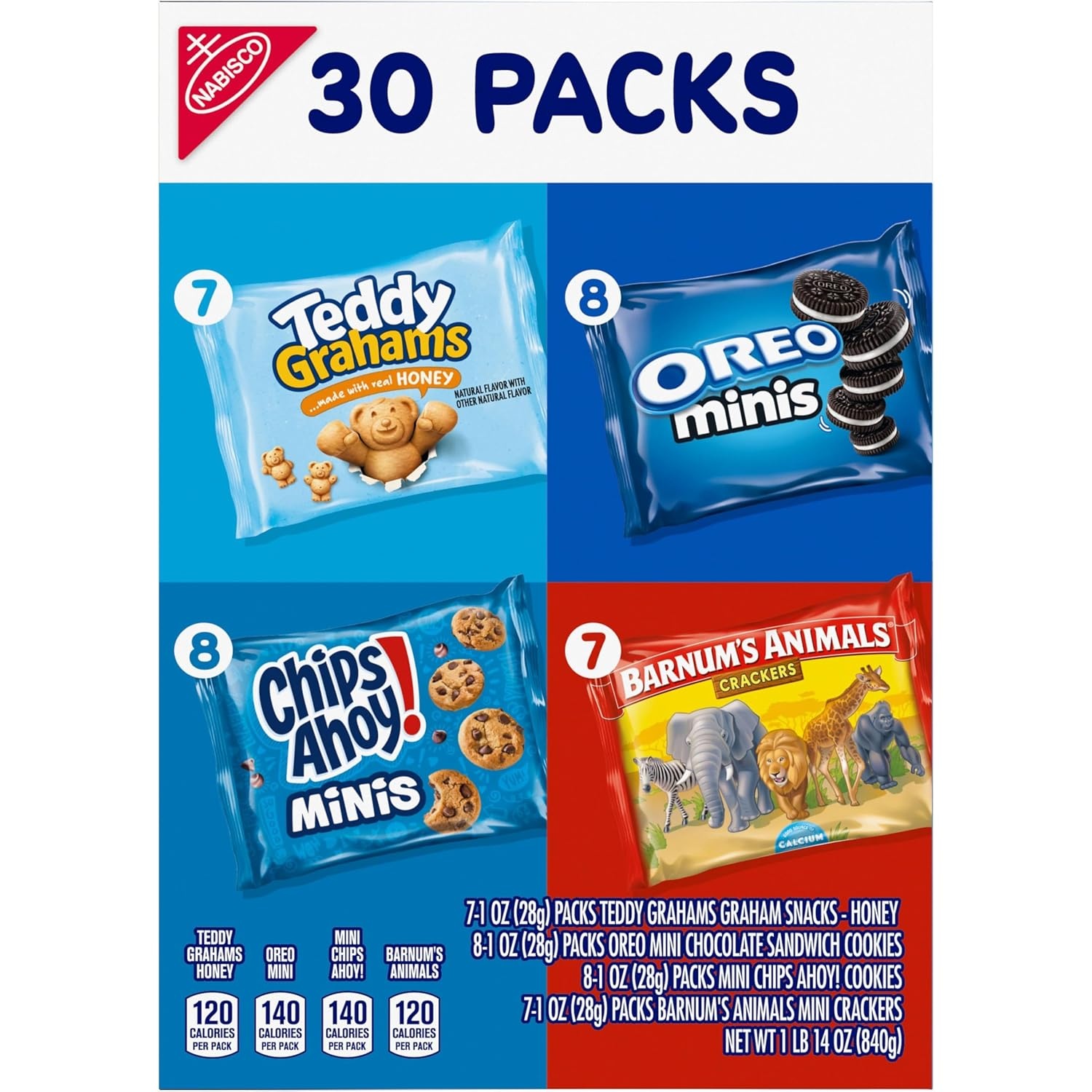 image:imageNabisco Team Favorites Variety Pack Oreo Mini Chips Ahoy Mini Teddy Grahams Honey and Barnums Animal Crackers 30 Snack Packs1 Ounce Pack of 30