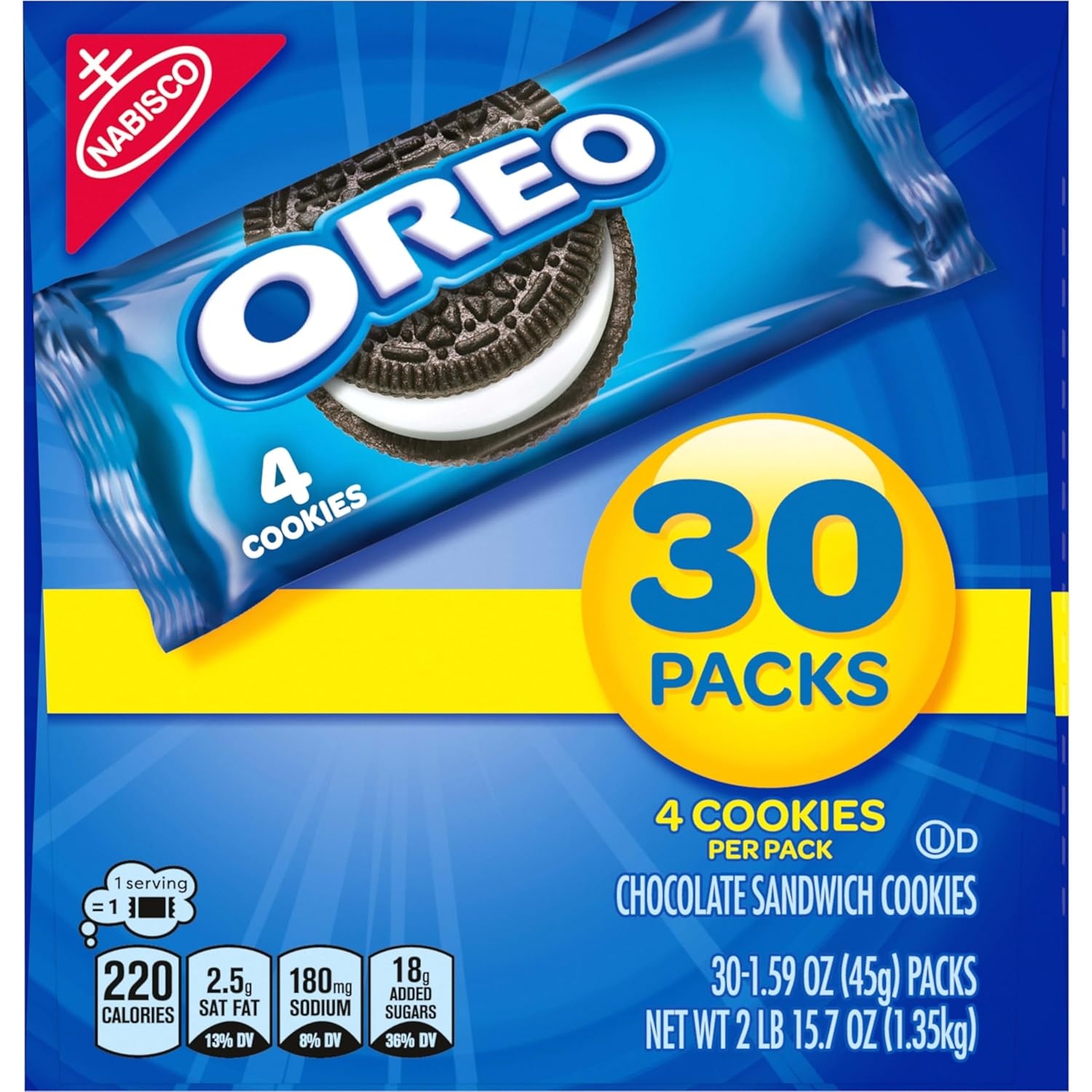image:imageOREO Chocolate Sandwich Cookies 30 Snack Packs 4 Cookies Per Pack159 Ounce Pack of 30