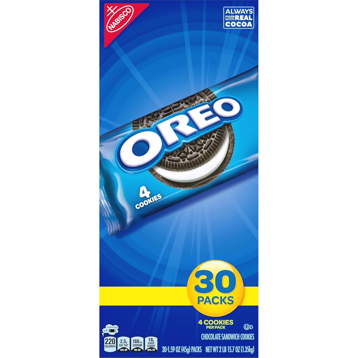 image:imageOREO Chocolate Sandwich Cookies 30 Snack Packs 4 Cookies Per Pack30 Count Pack of 4