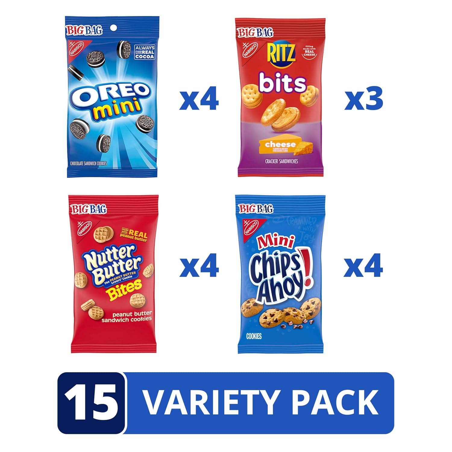 image:imageOREO Minis Cookies CHIPS AHOY Minis Cookies Nutter Butter Bites amp RITZ Bits Cheese Crackers Variety Pack 15 Snack Packs3 Ounce Pack of 2