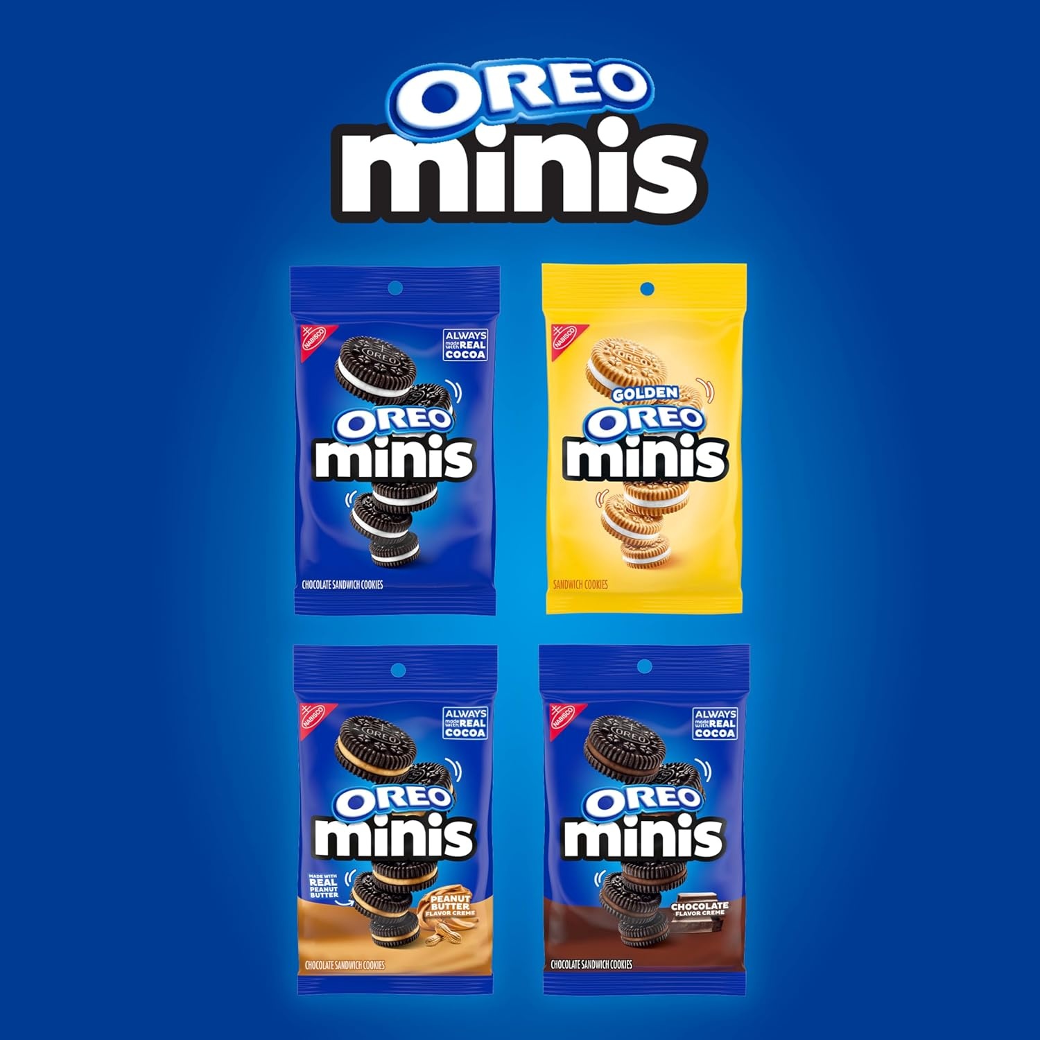 image:imageOREO Minis Sandwich Cookies Variety Pack Original Creme Chocolate Creme Peanut Butter Chocolate and Golden OREO 163 oz Bags