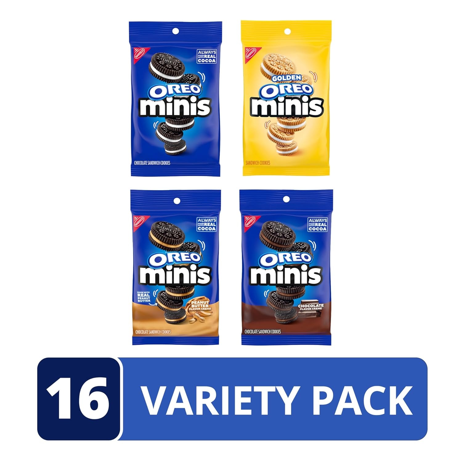 image:imageOREO Minis Sandwich Cookies Variety Pack Original Creme Chocolate Creme Peanut Butter Chocolate and Golden OREO 163 oz Bags